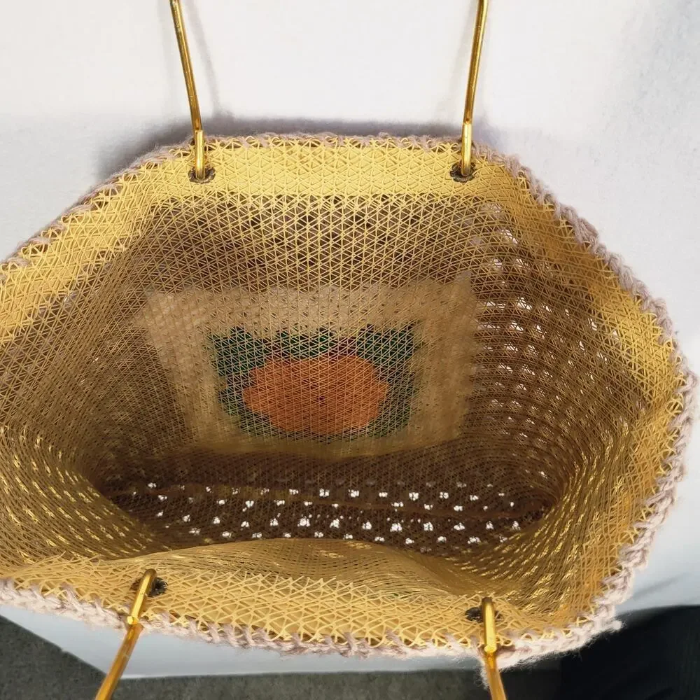 Crochet Floral Tote‎ Bag Medium Tan Orange Dimensional Flowers Boho